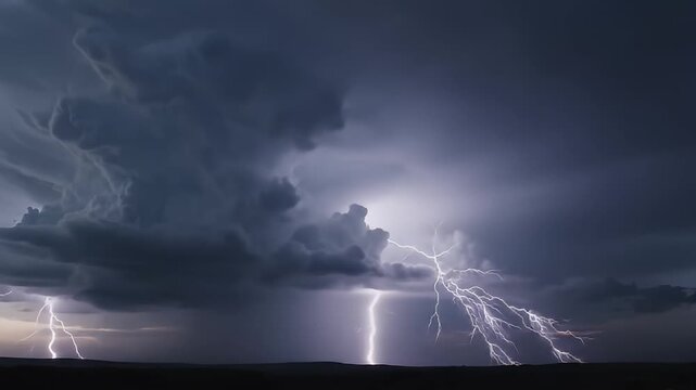 Dramatic Lightning Strikes Illuminate Dark Stormy Sky.