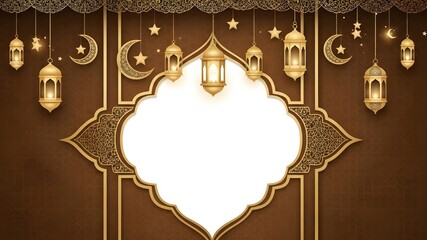 Luxury Islamic Frame Template: Elegant golden ornate border with hanging lanterns and stars, dark brown textured background, copy space, Ramadan and Eid invitation concept