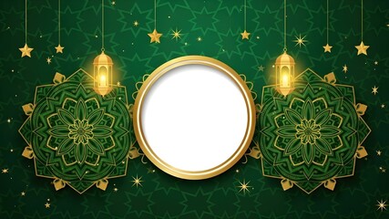 Green Islamic Mandala Background: Circular golden frame flanked by intricate green floral ornaments, hanging lanterns and stars, elegant Ramadan and Eid greeting card concept
