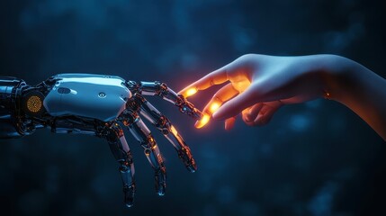 Close-up view captures the symbolic moment when a glowing human index finger gently touches the metallic fingertip of an advanced robotic android hand illustrating the concept of artificial intelligen