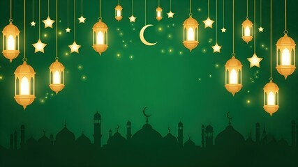 Hanging Lanterns Night Background: Glowing golden lamps, stars, crescent moon, mosque silhouette, green sky, sparkling lights, Islamic festival celebration, Ramadan Kareem concept
