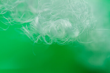 Extreme macro of polyester stable fiber on green background. Selective focus, shallow depth of field. Abstract dreamy background