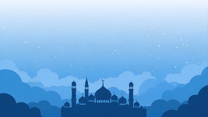 Blue Mosque Skyline Illustration: Silhouette of masjid domes and minarets, starry night sky, soft clouds, peaceful spiritual atmosphere, Islamic religious dawn, Ramadan Kareem concept