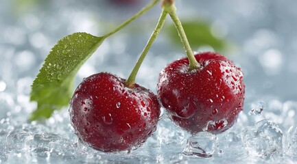 Two glistening cherries with stems sit on frosty ice
