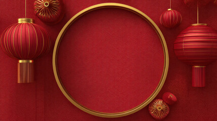 Chinese New Year decorations: An artful composition of red lanterns and a gold circle against a red backdrop, celebrating the joyous traditions of the Chinese New Year. 