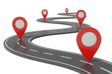 Road with location pins isolated on transparent background