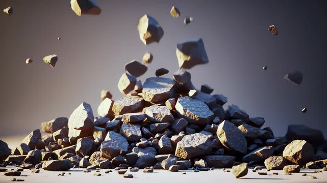 A pile of rocks and stones flying through the air on gray background