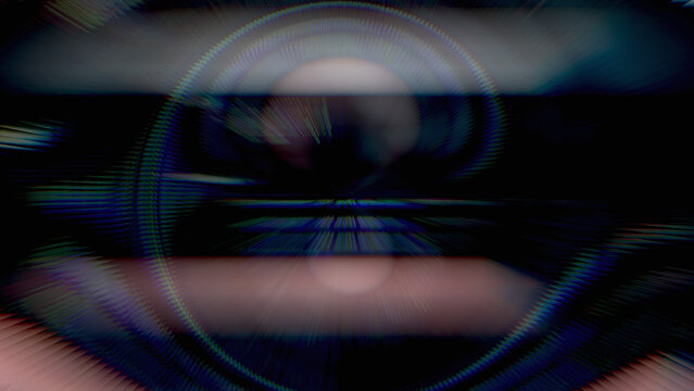 Digital glitch eye abstraction with circular lens distortion and chromatic aberration, ideal for sci-fi backgrounds, futuristic posters and tech visual effects