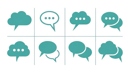 Collection of teal speech bubbles and cloud shaped chat icons for digital communication