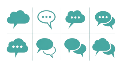 Collection of teal speech bubbles and cloud shaped chat icons for digital communication