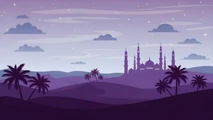 Purple Desert Night Mosque: Silhouette of masjid, palm trees, sand dunes, starry sky, evening mist, peaceful twilight, Islamic spiritual landscape, Ramadan Kareem concept