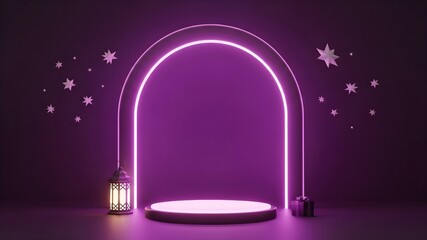 Neon Purple Arch Podium: Glowing ring light, 3D star ornaments, lantern and gift box, minimalist stage, Islamic product display, modern Ramadan and Eid decoration concept