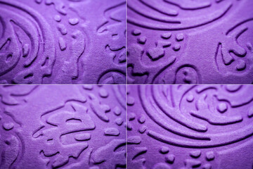 Collection of images with extreme macro of embossed purple paper. Selective focus, shallow depth of field.