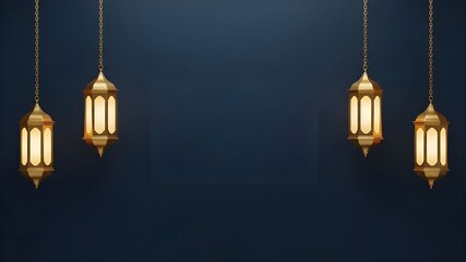 Hanging Gold Lanterns Background: Three ornate metal lamps, glowing lights on dark blue background, minimalist copy space, Islamic greeting card, Ramadan and Eid celebration concept