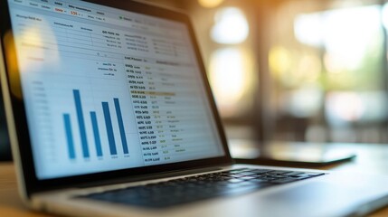 Close up view on a modern laptop displaying upward trending bar charts and financial data spreadsheets during a bright sunlit workday suggesting business growth and successful analysis.