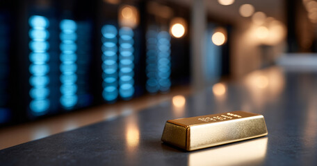 Close-up of a gold bar placed on a reflective surface with blurred blue and warm lights in the background, symbolizing wealth and investment