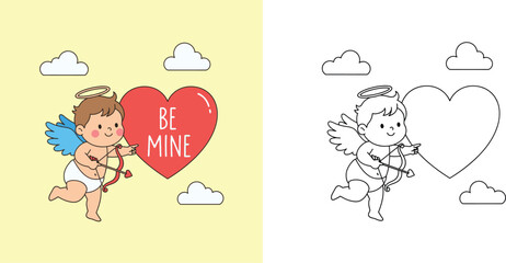 Cute Cupid with bow and Be Mine heart coloring page and colored vector illustration for Valentine