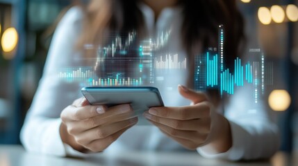 Focused professional woman skillfully analyzing holographic financial stock market data projections displayed dynamically above her modern smartphone device in a dimly lit corporate setting.