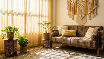 Afrobohemian home decor with warm natural light and cozy furnishings in an inviting living room