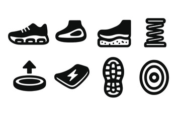 Shock Absorb Icons. Shock absorb technology set silhouette set: air bubble sole, gel insert, foam cushioning, suspension spring, energy return pad, shock plate, rubber outsole,