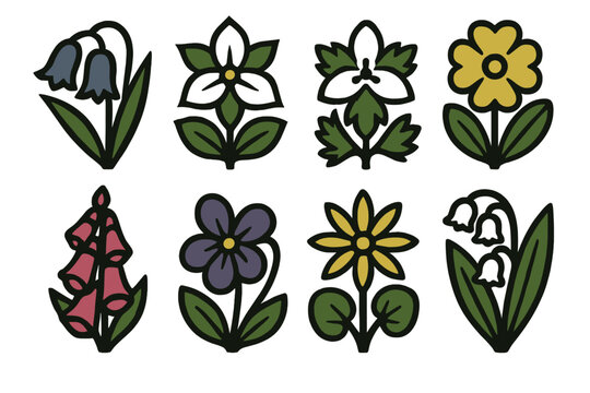 Woodland Flower Icons. Woodland wildflowers set silhouette set: bluebell, trillium, wood anemone, primrose, foxglove, sweet violet, celandine, lily of the valley. 2 rows of 4 ico