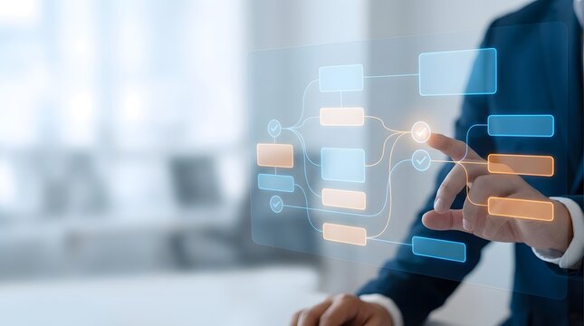 Businessman interacting with futuristic digital interface in modern office - Powered by Adobe