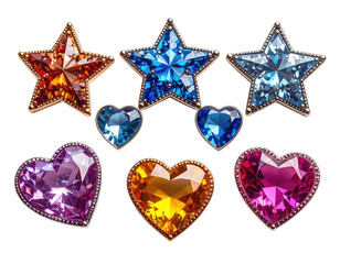 Assortment of gem-encrusted stars and hearts in various colors