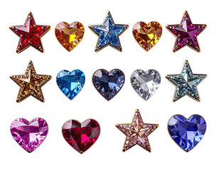 Assortment of jewel-toned star and heart shaped gemstones in varying colors on black