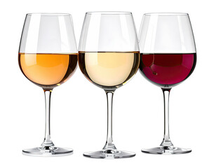 Three stemmed wine glasses, each containing a different colored wine