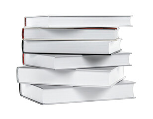 A stack of blank hardcover books with white covers and pages, isolated on a transparent background