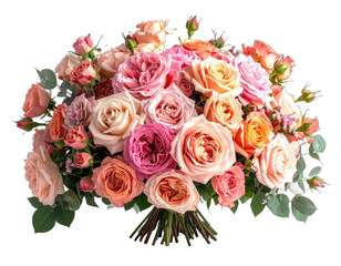 A vibrant bouquet of roses in various warm shades on a transparent background