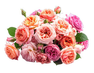 A vibrant bouquet of roses in various hues, with green leaves, set against a black backdrop
