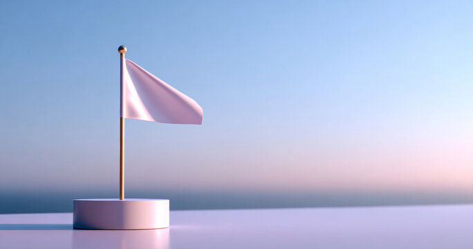 Minimalist pink flag on a round base with soft gradient sky background in serene pastel colors
