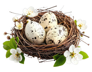Close-up of speckled eggs nestled in a woven twig nest with blossoming white flowers