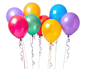 A vibrant collection of colorful, inflated spheres tethered with streamers on a black background
