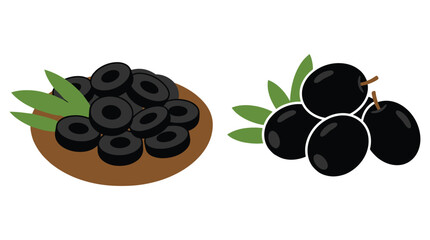 Black olives set with sliced rings on plate and whole fruit with green leaves on background
