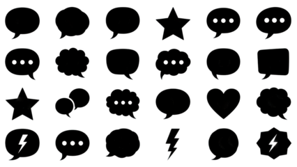 Set of black speech bubbles and chat icons, communication elements with transparent background
