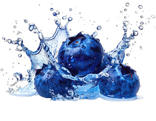Close-up of four plump, fresh blueberries, exploding from water splash against a black backdrop