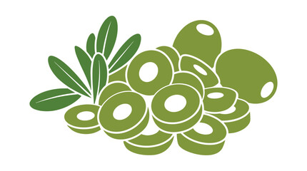 Pile of green olives and olive leaves vector illustration for food design background