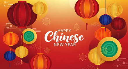 Colorful Chinese New Year hot air balloons celebration with festive lanterns and greeting text