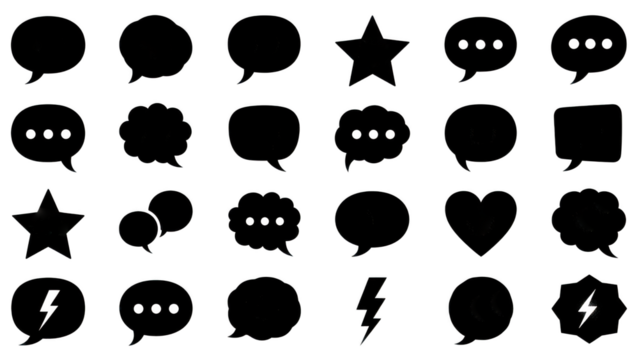 Set of black speech bubbles and chat icons, communication elements with transparent background - Powered by Adobe