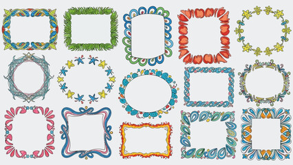 Colorful Hand Drawn Decorative Frame Collection Featuring Nature Inspired Floral Leaf and Vine Motifs with Multiple Shapes and Blank White Center Areas