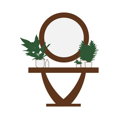 Round mirror with plants on console table vector illustration, home interior furniture