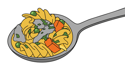 Spoon with pasta and vegetables vector illustration, delicious Italian food dish