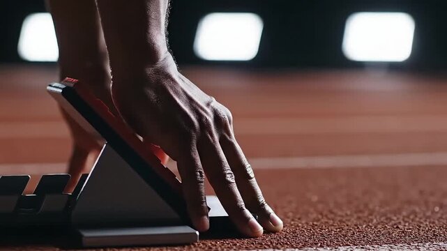 Focused male athlete s hand gripping starting blocks on a track poised for an intense sprint race symbolizing determination competition and peak performance in sports