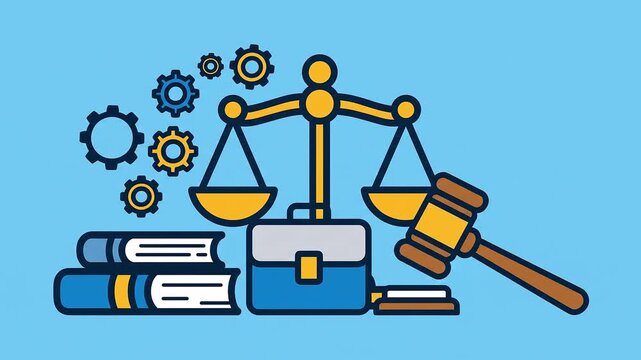 Business Law and Corporate Compliance Concept Vector Illustration. Justice Scales, Gavel, and Gears