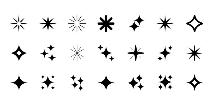 A collection of 20 black star and sparkle icons arranged in a 4x5 grid against a white background