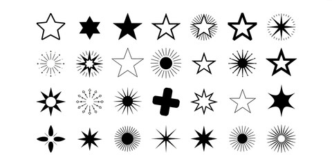 A collection of 30 black star designs arranged in 5 rows on a white background.