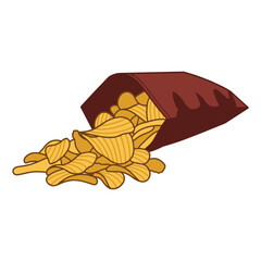 Bag of potato chips vector illustration salty snack food spilling out on ground
