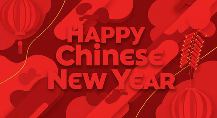 Happy Chinese New Year Celebration Red Lanterns Festive Background with Gold Text